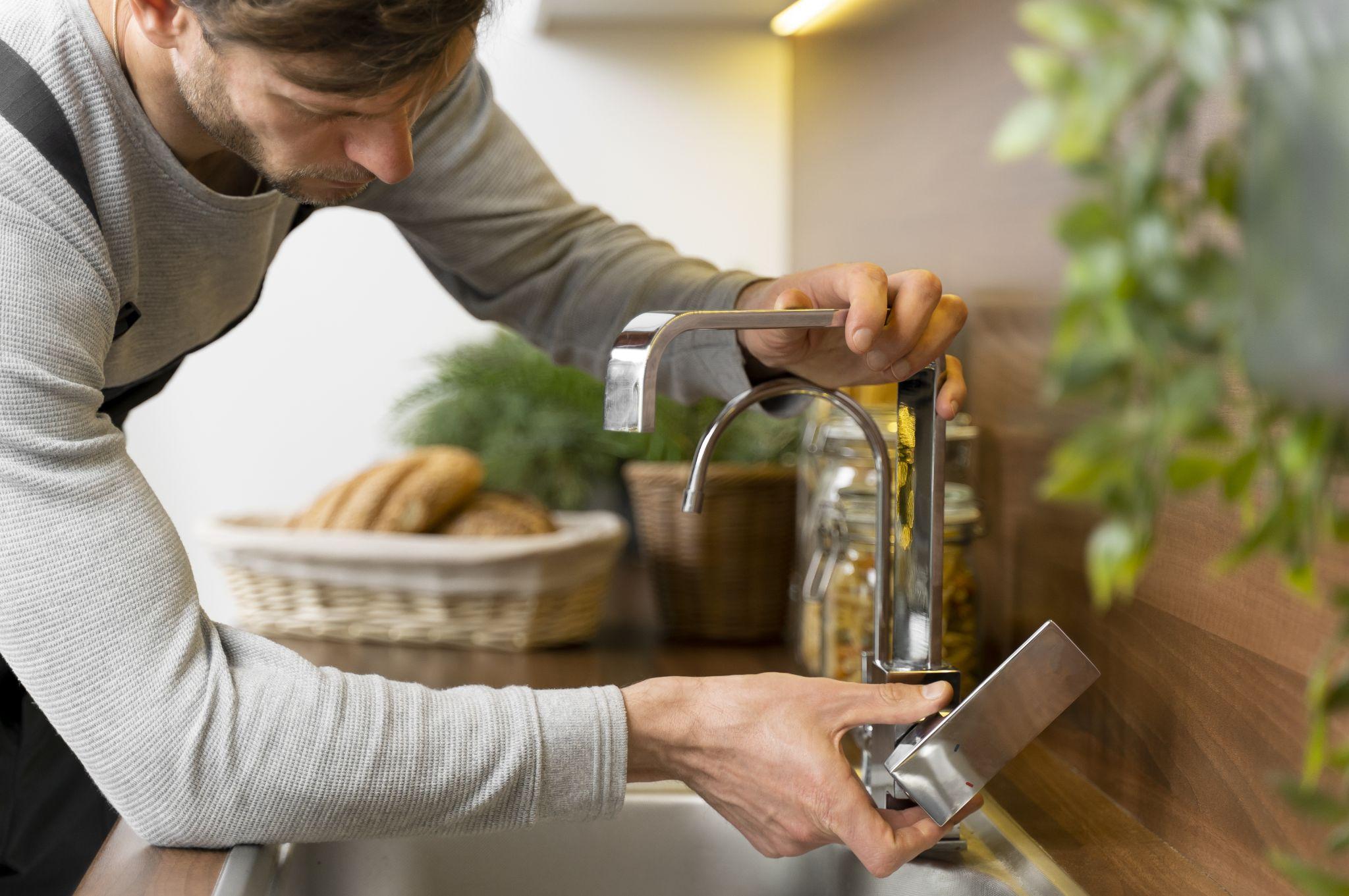 Homeowner adjusts kitchen faucet after installing a reverse osmosis system to remove salt from water.