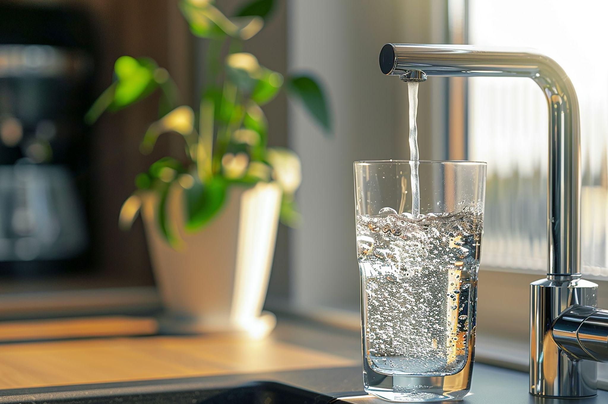 Clean glass filled with reverse osmosis filtered water, removing sodium and contaminants from tap water.