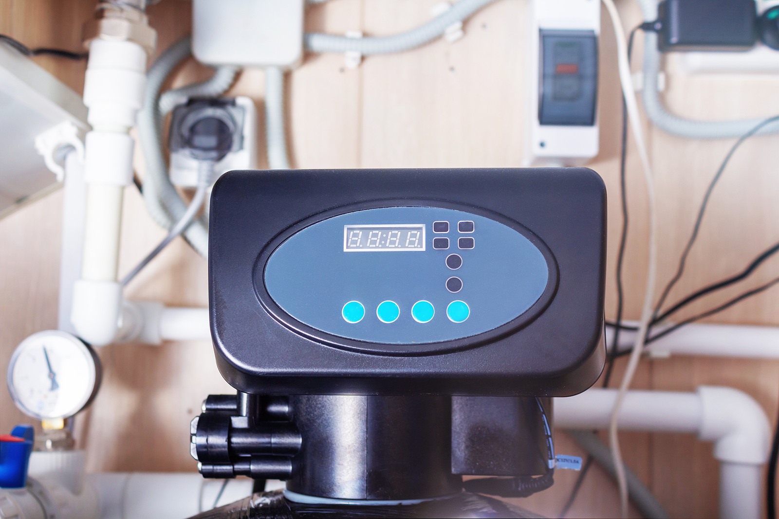 A close-up of a water softener control panel displaying a digital clock, surrounded by plumbing and wiring.