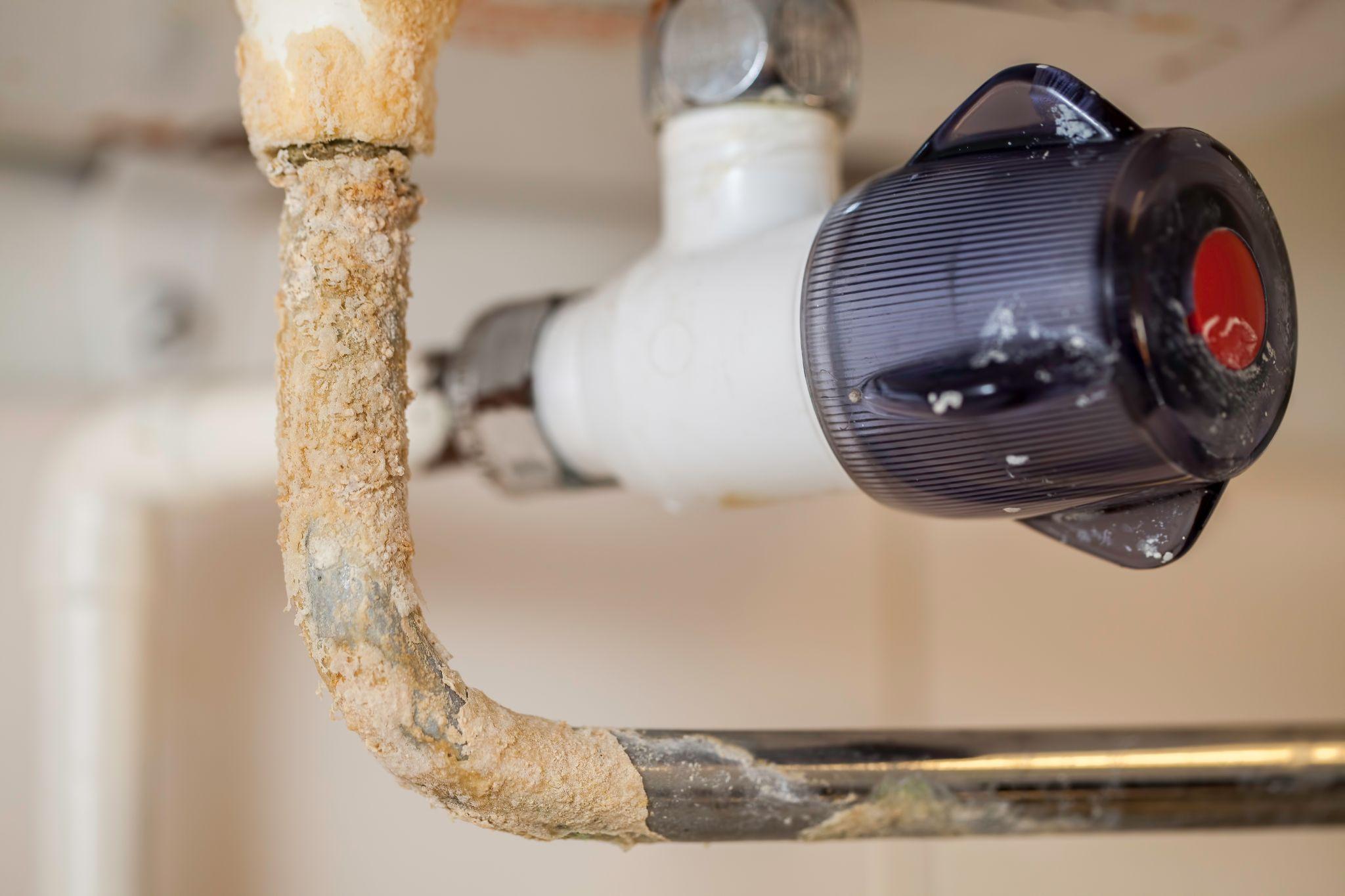 Close-up of pipe covered in hard water limescale deposits, showing plumbing damage from Ventura water hardness